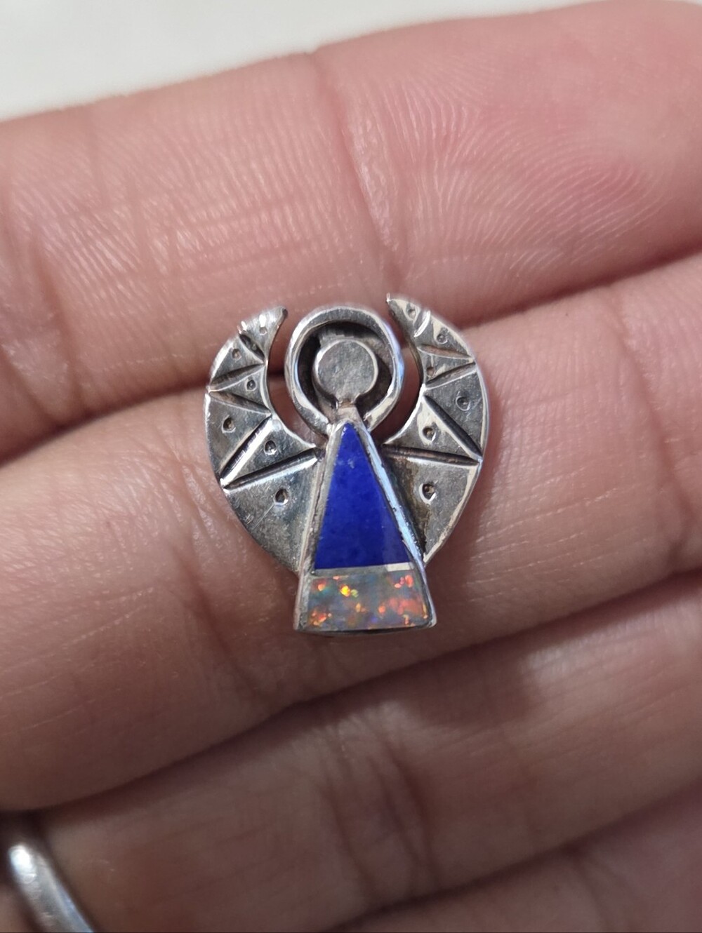 Vtg Southwestern Sterling Silver Lapis & Opal Inlay Angel Earring Single Stud